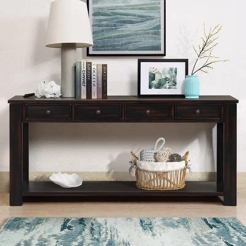 Console en bois de pin avec 4 tiroirs et étagère inférieure pour entrée ou couloir