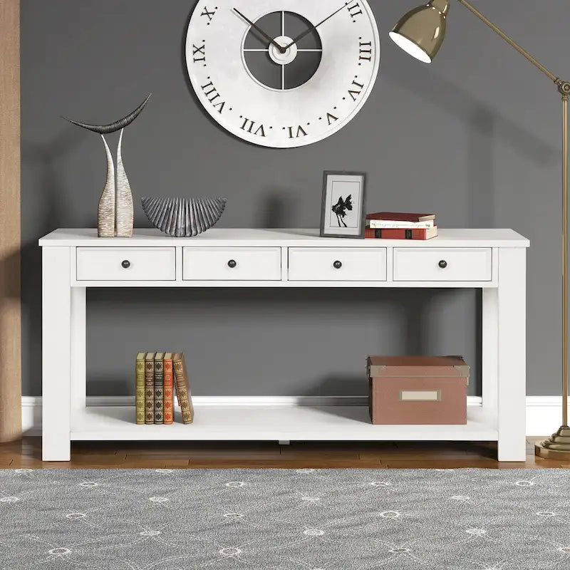 Console en bois de pin avec 4 tiroirs et étagère inférieure pour entrée ou couloir