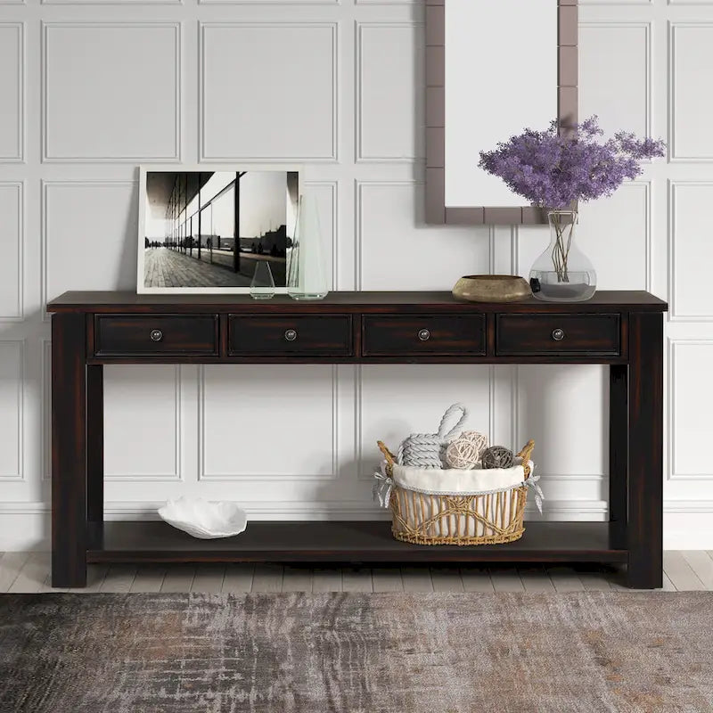Console en bois de pin avec 4 tiroirs et étagère inférieure pour entrée ou couloir