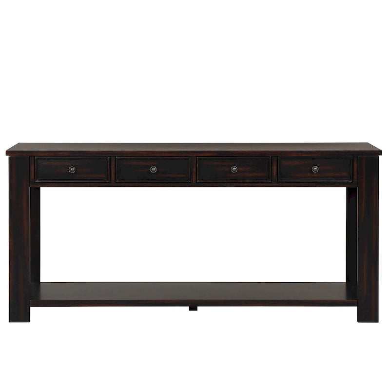 Console en bois de pin avec 4 tiroirs et étagère inférieure pour entrée ou couloir