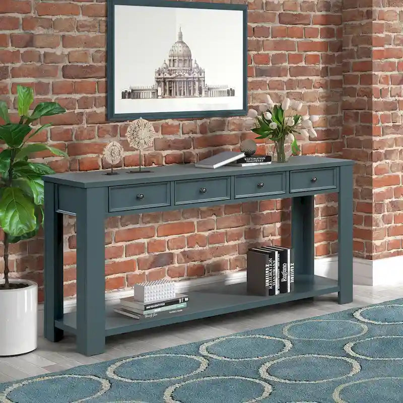 Console en bois de pin avec 4 tiroirs et étagère inférieure pour entrée ou couloir