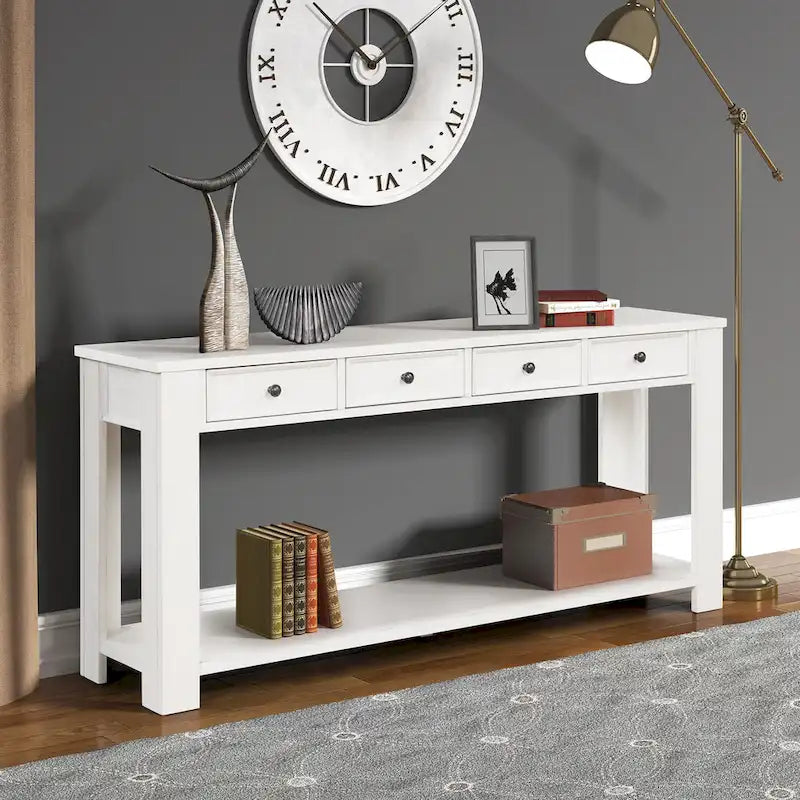Console en bois de pin avec 4 tiroirs et étagère inférieure pour entrée ou couloir