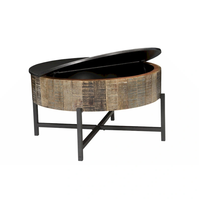 Table basse de rangement ronde style rustique vintage