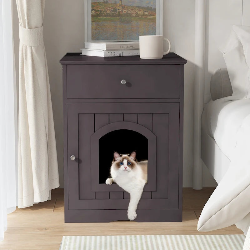 Maisonnette pour animaux en bois avec bac à litière et tiroir, table d'appoint, caisse de transport intérieure pour chat, niche pour chat (marron)