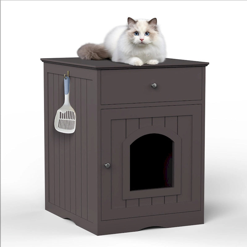 Maisonnette pour animaux en bois avec bac à litière et tiroir, table d'appoint, caisse de transport intérieure pour chat, niche pour chat (marron)