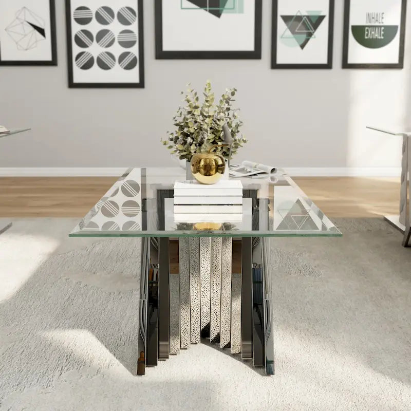 Table basse en verre trempé transparent avec base en acier inoxydable argenté pour salon