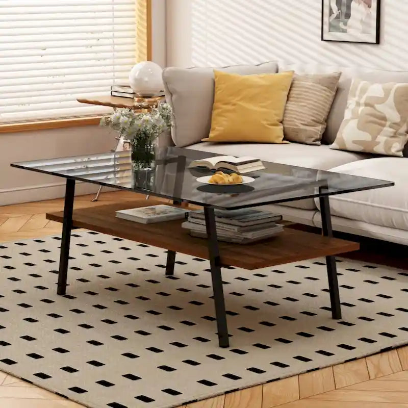 Table basse rectangulaire, plateau en verre trempé avec pieds en métal noir, table moderne pour salon
