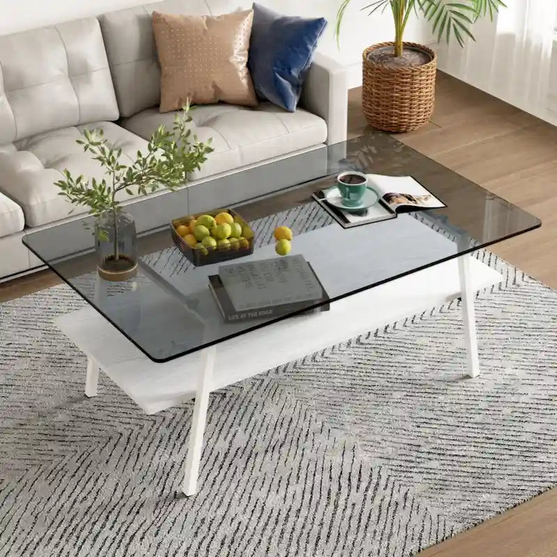 Table basse rectangulaire, plateau en verre trempé avec pieds en métal noir, table moderne pour salon
