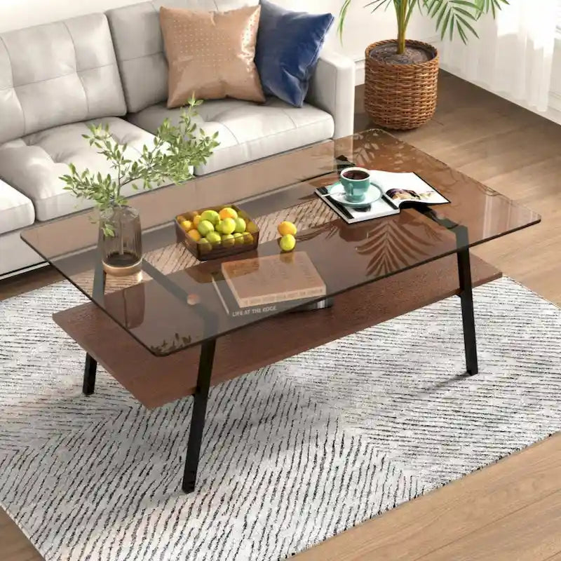 Table basse rectangulaire, plateau en verre trempé avec pieds en métal noir, table moderne pour salon