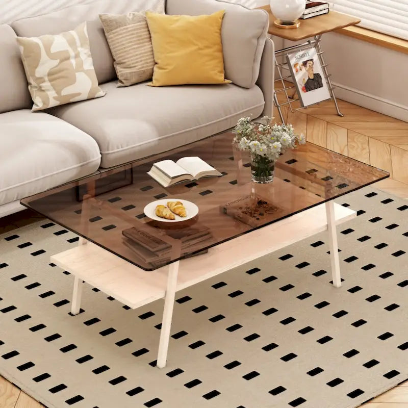 Table basse rectangulaire, plateau en verre trempé avec pieds en métal noir, table moderne pour salon