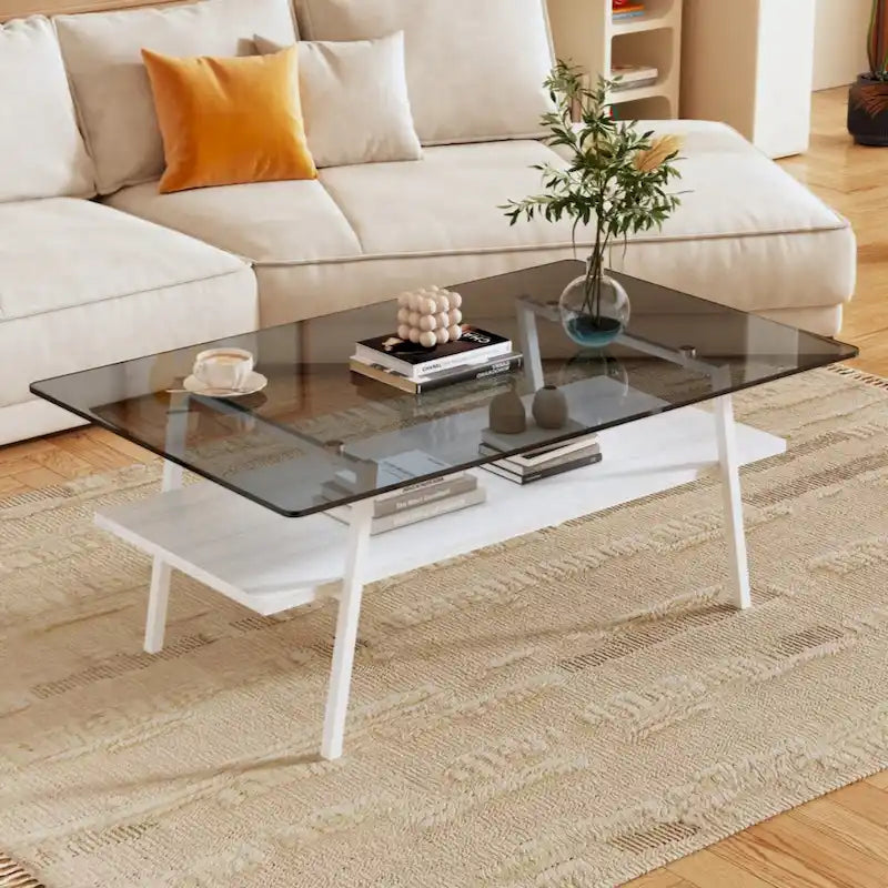 Table basse rectangulaire, plateau en verre trempé avec pieds en métal noir, table moderne pour salon
