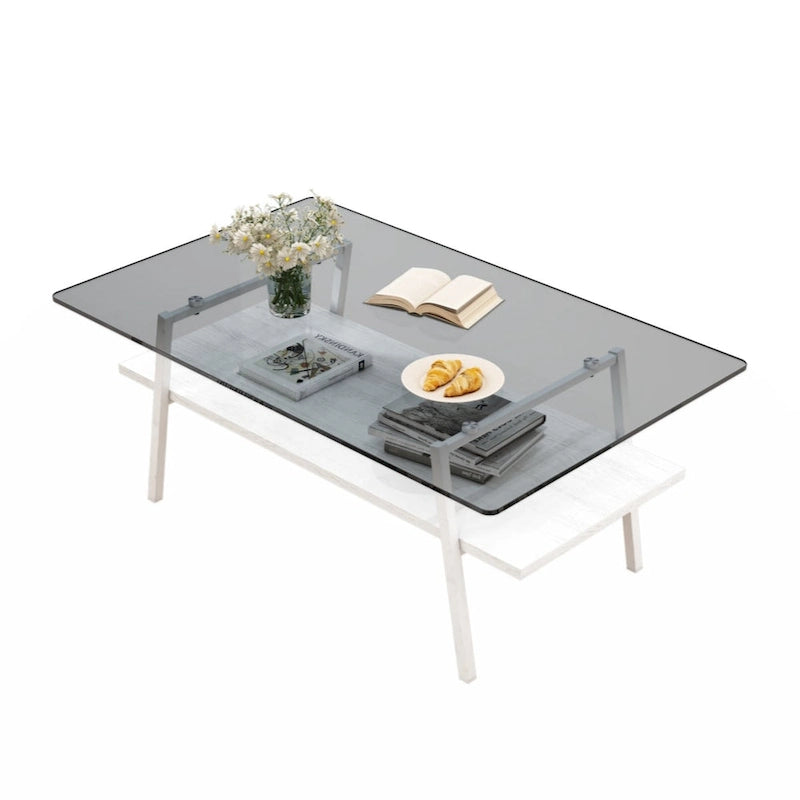 Table basse rectangulaire, plateau en verre trempé avec pieds en métal noir, table moderne pour salon
