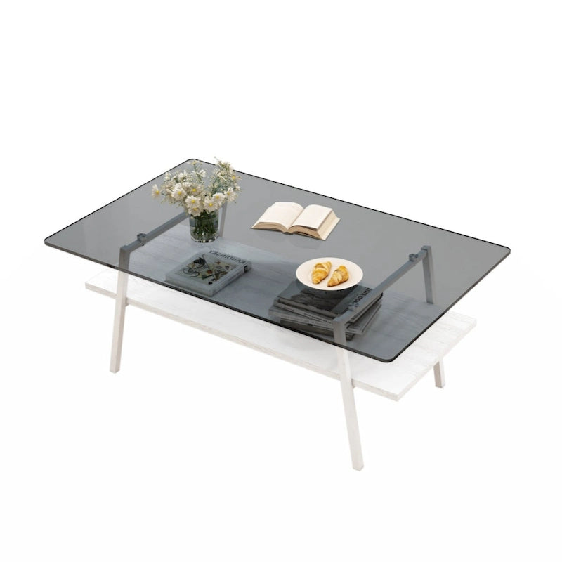 Table basse rectangulaire, plateau en verre trempé avec pieds en métal noir, table moderne pour salon