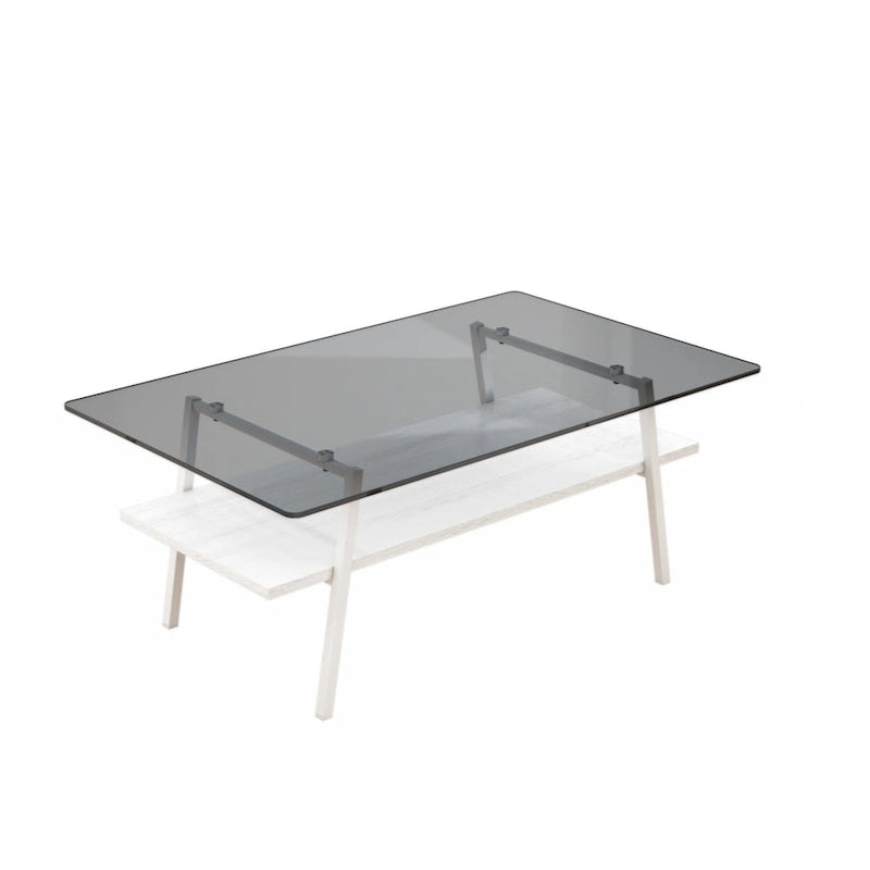 Table basse rectangulaire, plateau en verre trempé avec pieds en métal noir, table moderne pour salon