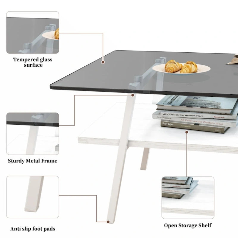 Table basse rectangulaire, plateau en verre trempé avec pieds en métal noir, table moderne pour salon