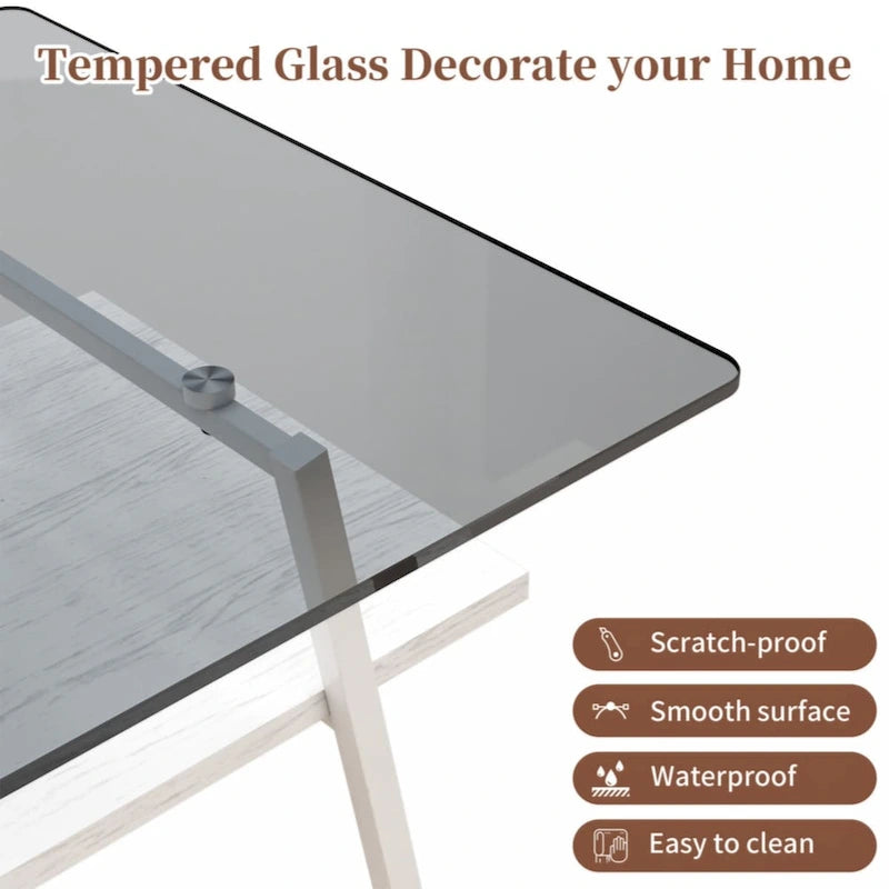Table basse rectangulaire, plateau en verre trempé avec pieds en métal noir, table moderne pour salon
