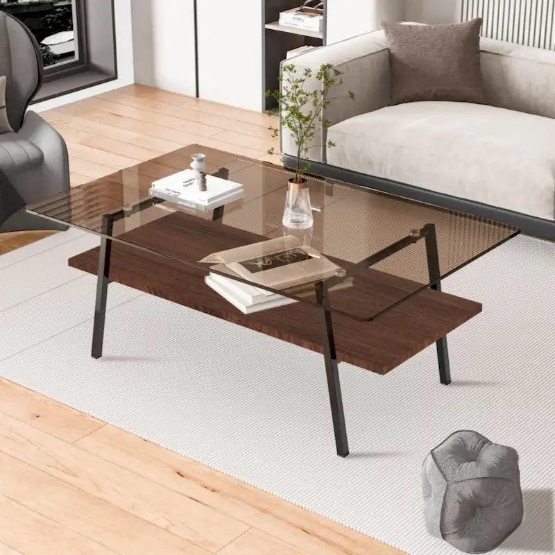 Table basse rectangulaire, plateau en verre trempé avec pieds en métal noir, table moderne pour salon