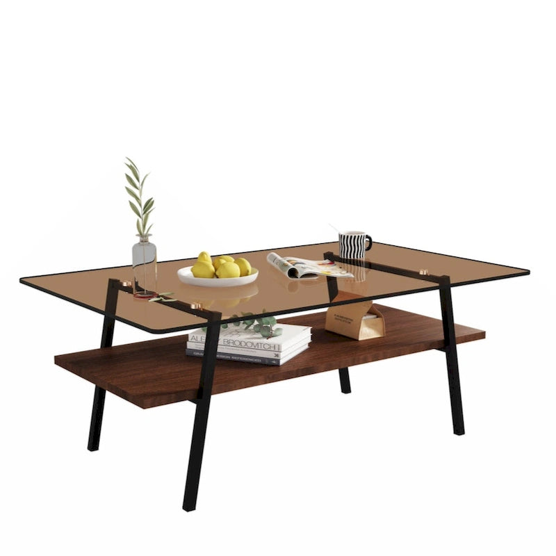 Table basse rectangulaire, plateau en verre trempé avec pieds en métal noir, table moderne pour salon