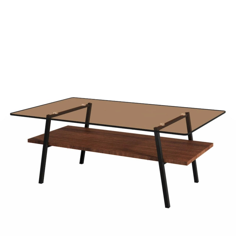 Table basse rectangulaire, plateau en verre trempé avec pieds en métal noir, table moderne pour salon