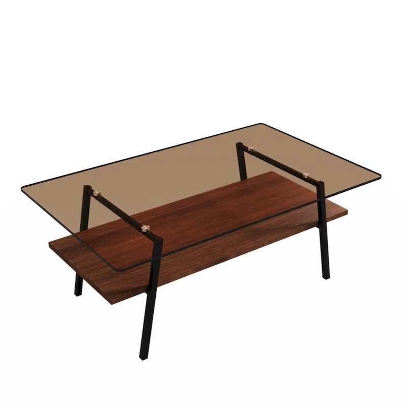 Table basse rectangulaire, plateau en verre trempé avec pieds en métal noir, table moderne pour salon