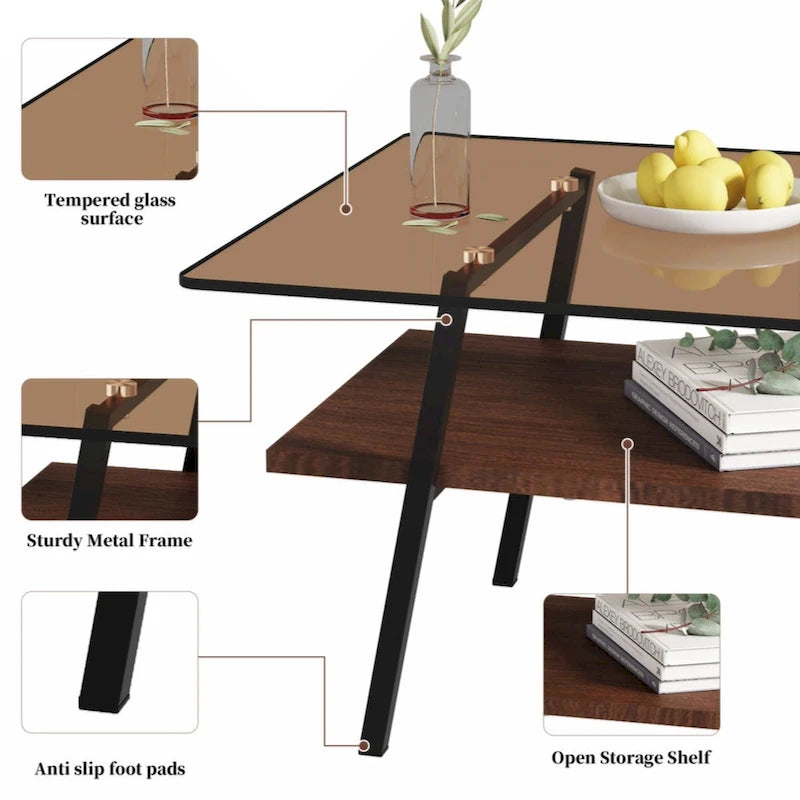 Table basse rectangulaire, plateau en verre trempé avec pieds en métal noir, table moderne pour salon
