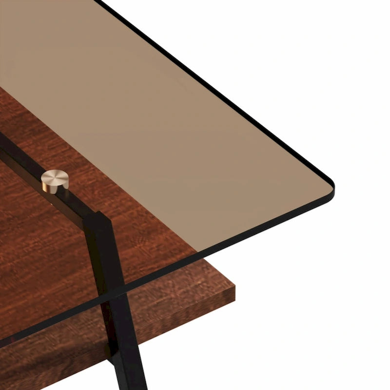 Table basse rectangulaire, plateau en verre trempé avec pieds en métal noir, table moderne pour salon