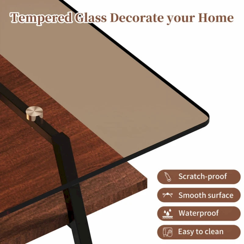 Table basse rectangulaire, plateau en verre trempé avec pieds en métal noir, table moderne pour salon