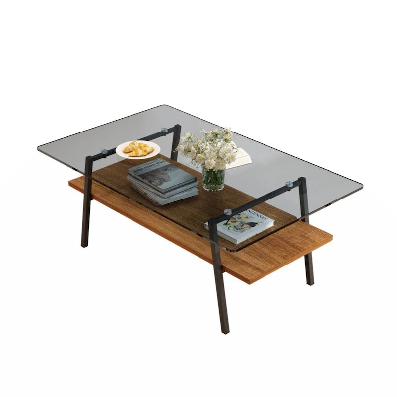 Table basse rectangulaire, plateau en verre trempé avec pieds en métal noir, table moderne pour salon
