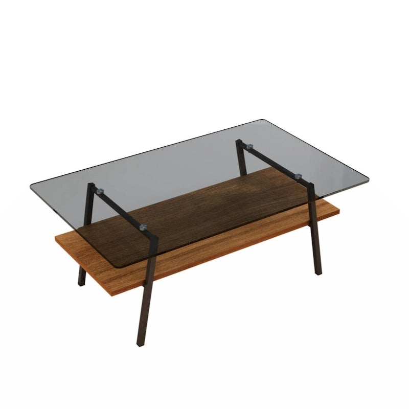 Table basse rectangulaire, plateau en verre trempé avec pieds en métal noir, table moderne pour salon