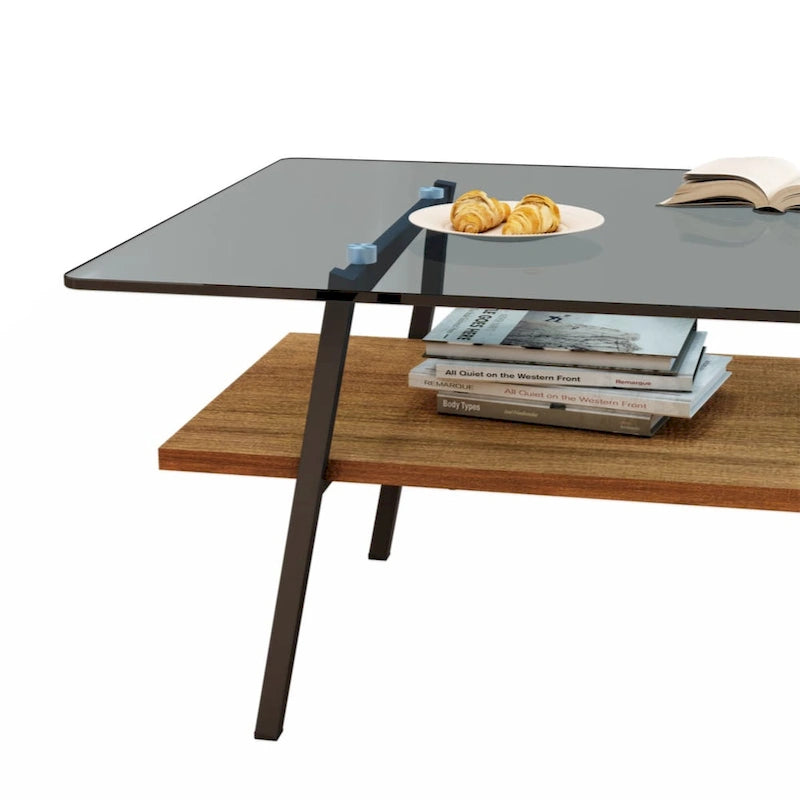 Table basse rectangulaire, plateau en verre trempé avec pieds en métal noir, table moderne pour salon
