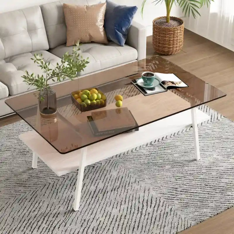 Table basse rectangulaire, plateau en verre trempé avec pieds en métal noir, table moderne pour salon