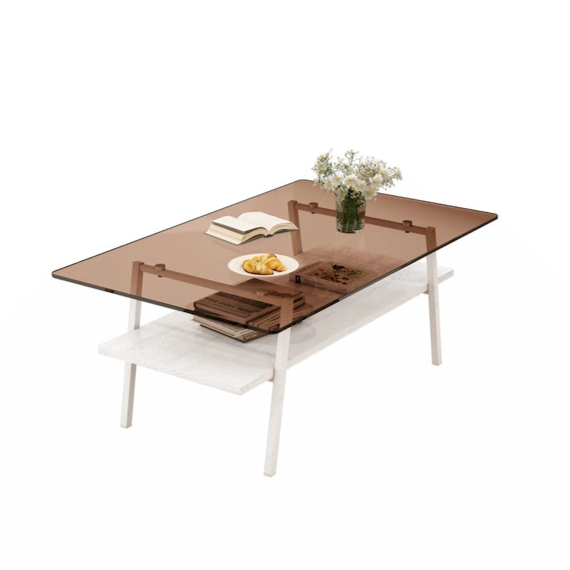 Table basse rectangulaire, plateau en verre trempé avec pieds en métal noir, table moderne pour salon