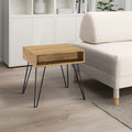 24 Inch Modern Side End Table, Golden Oak Wood, Black Metal Hairpin Legs