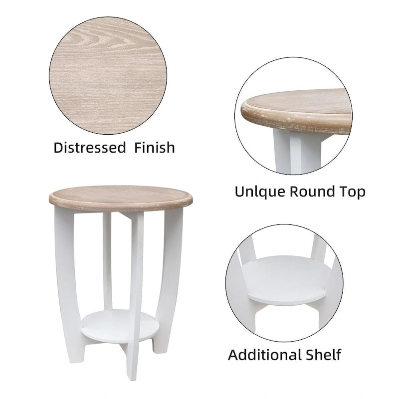 Table d'appoint ronde en bois à 2 niveaux, blanc et marron