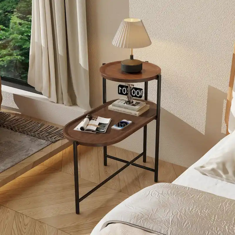 Petites tables basses Table d'appoint moderne à 2 niveaux avec étagère de rangement en bois Tables d'appoint de salon Tables de chevet (Noyer brun)