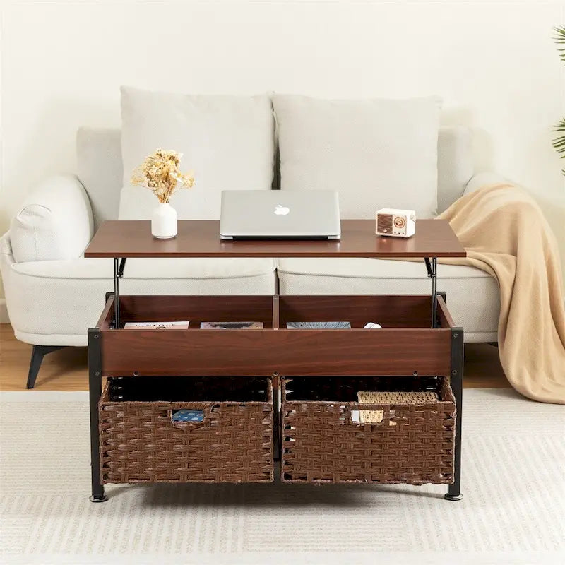 Table basse métallique avec plateau relevable et espace de rangement caché