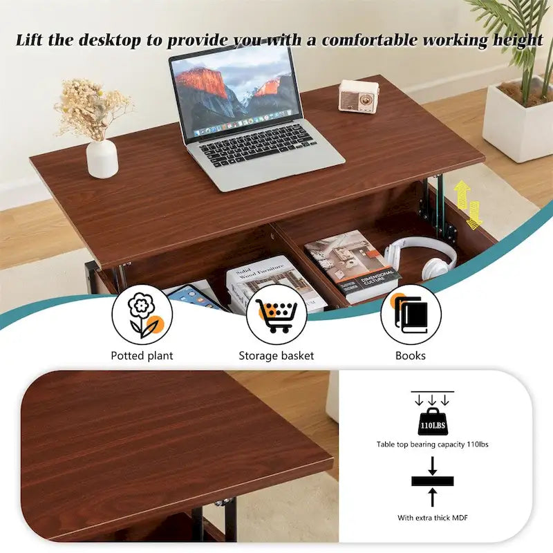 Table basse métallique avec plateau relevable et espace de rangement caché