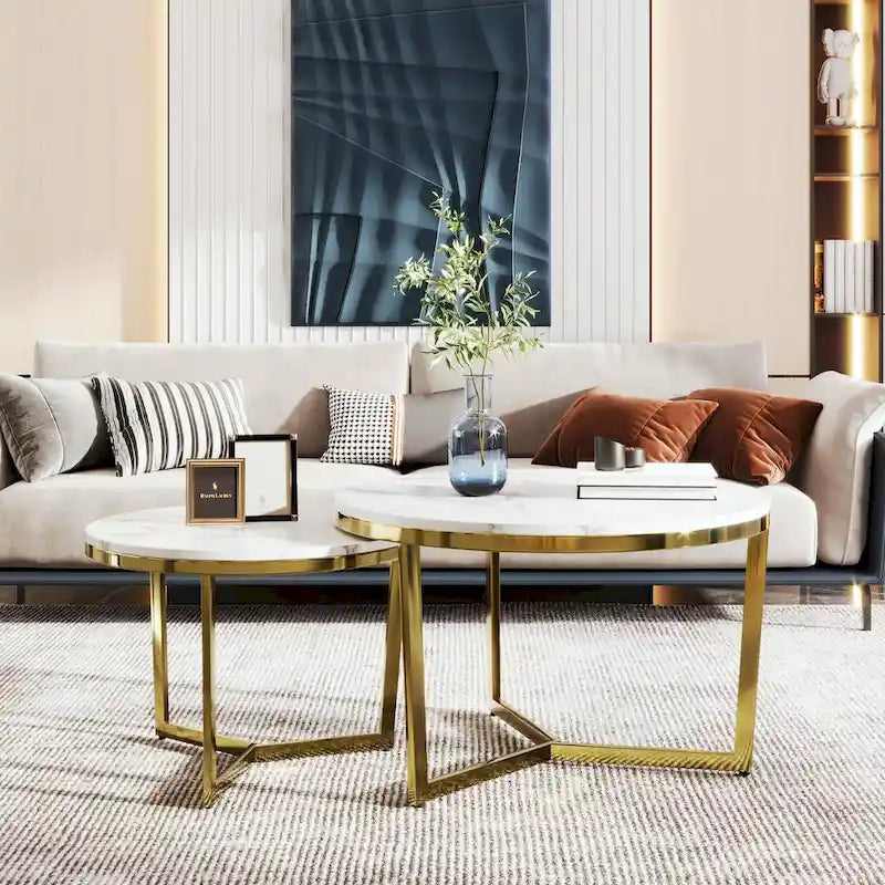 Table basse gigogne ronde moderne – Ensemble de 2 – Plateau blanc et marbré – Base dorée