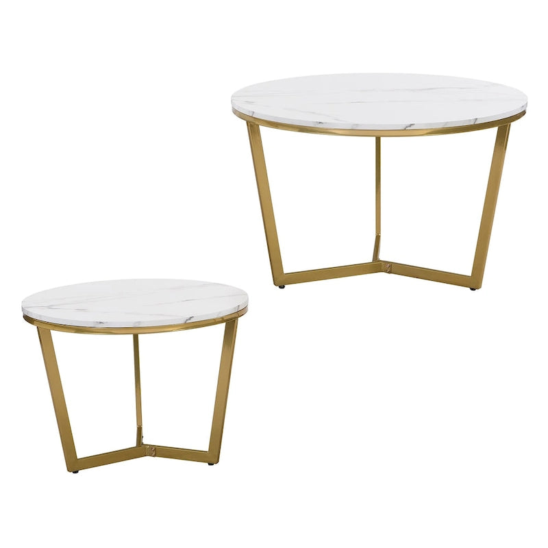 Table basse gigogne ronde moderne – Ensemble de 2 – Plateau blanc et marbré – Base dorée