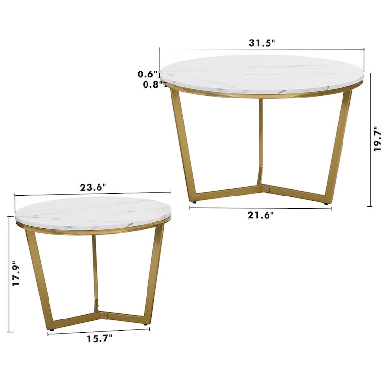 Table basse gigogne ronde moderne – Ensemble de 2 – Plateau blanc et marbré – Base dorée