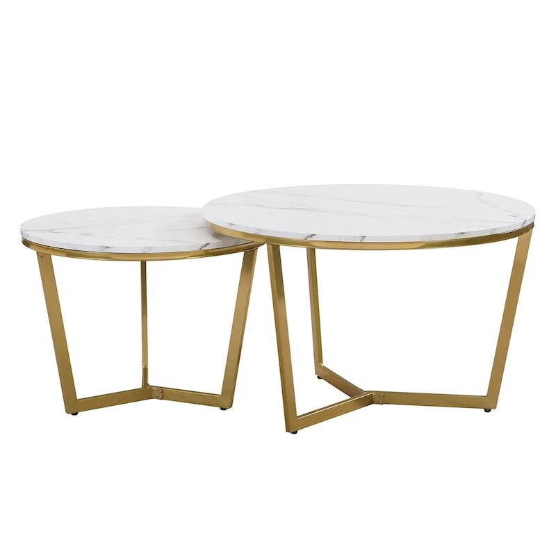 Table basse gigogne ronde moderne – Ensemble de 2 – Plateau blanc et marbré – Base dorée
