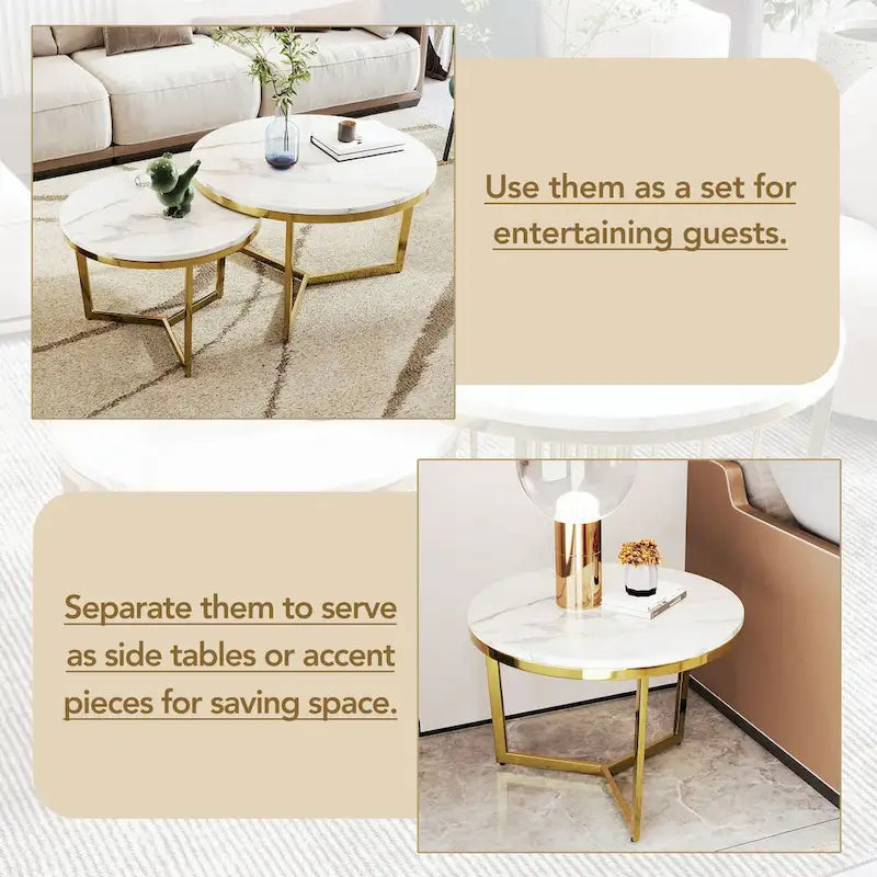 Table basse gigogne ronde moderne – Ensemble de 2 – Plateau blanc et marbré – Base dorée