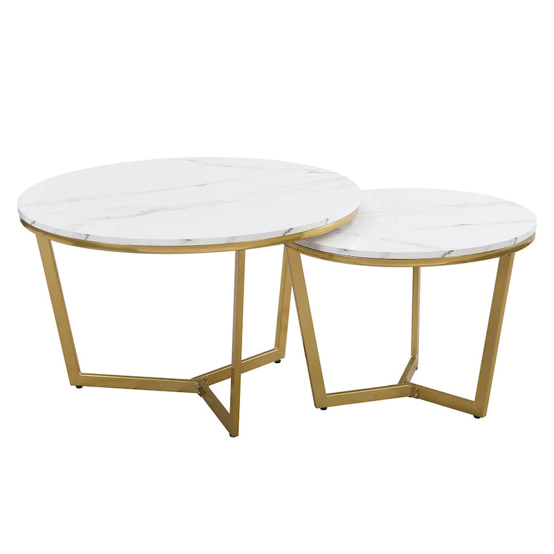 Table basse gigogne ronde moderne – Ensemble de 2 – Plateau blanc et marbré – Base dorée