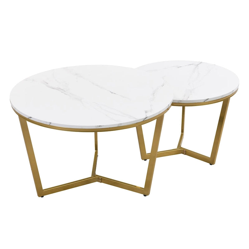Table basse gigogne ronde moderne – Ensemble de 2 – Plateau blanc et marbré – Base dorée