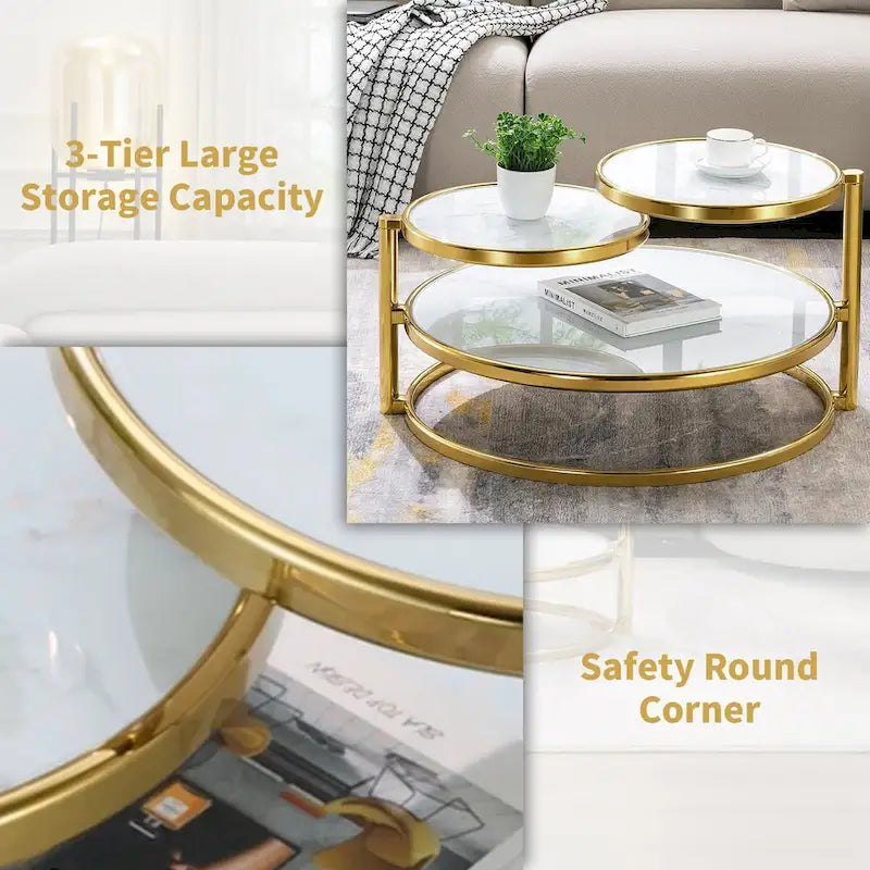 Table basse ronde en verre trempé à 3 niveaux avec plateau rotatif à 360 degrés