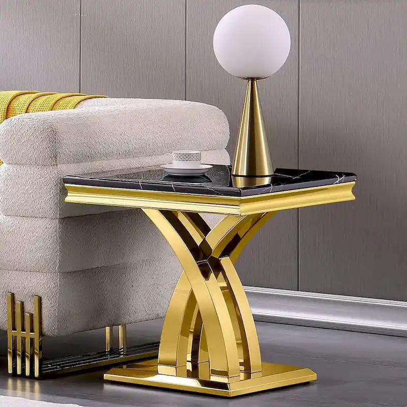 Table d'appoint en métal moderne avec plateau carré brillant et piètement en croix
