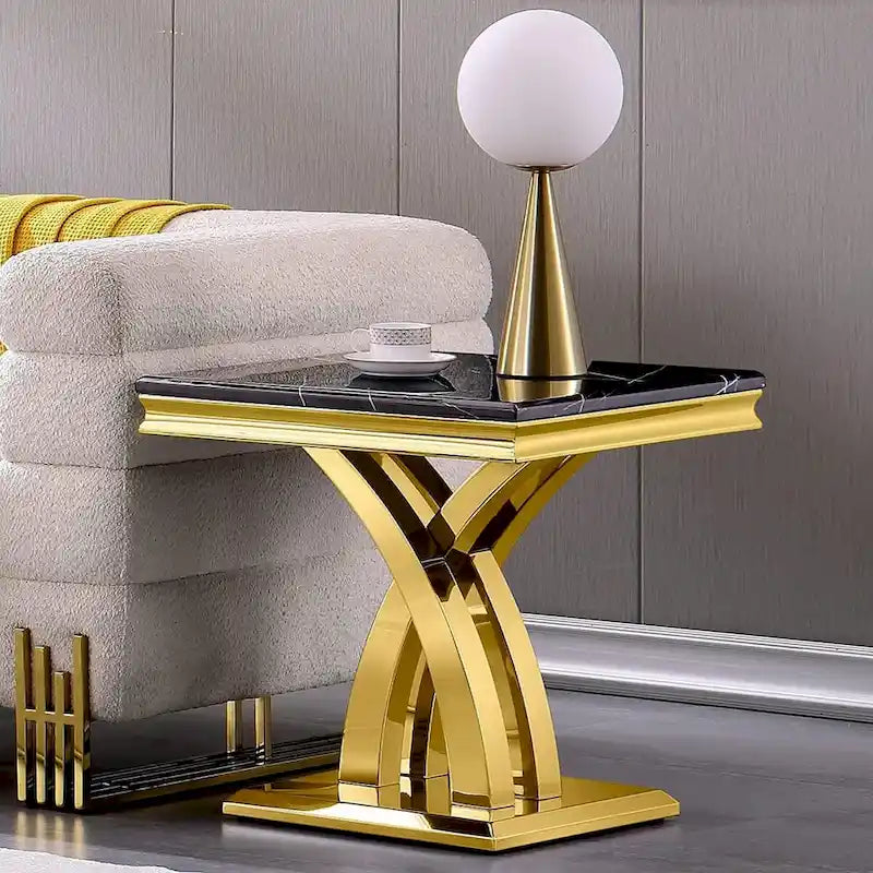 Table d'appoint en métal moderne avec plateau carré brillant et piètement en croix