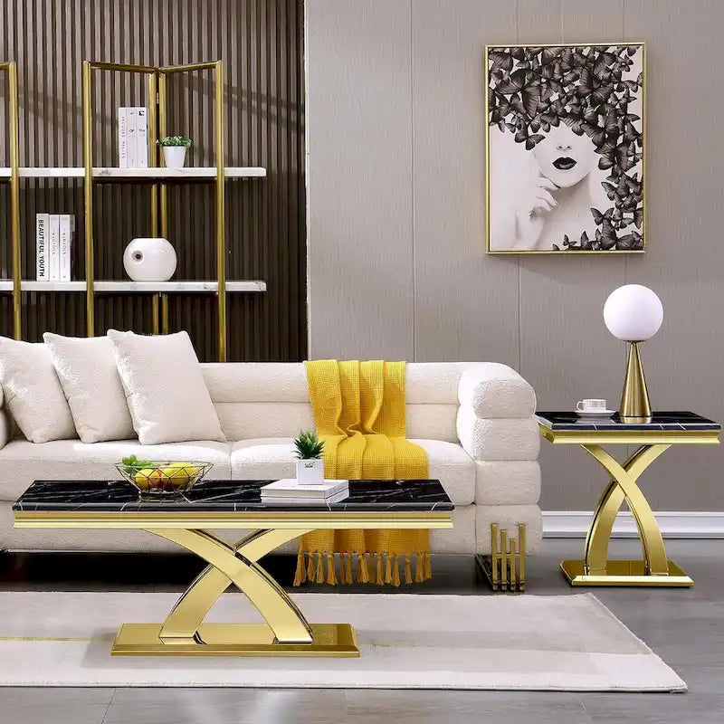 Table d'appoint en métal moderne avec plateau carré brillant et piètement en croix