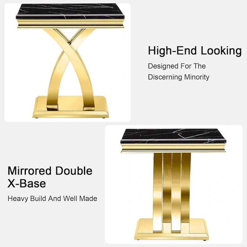 Table d'appoint en métal moderne avec plateau carré brillant et piètement en croix