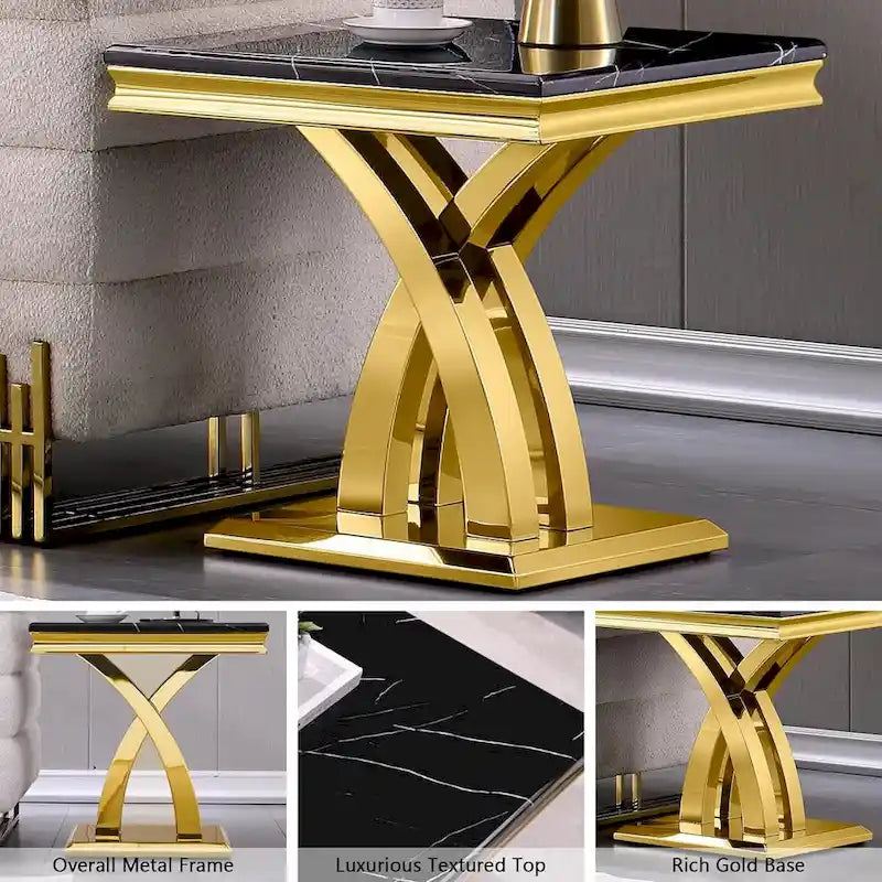 Table d'appoint en métal moderne avec plateau carré brillant et piètement en croix